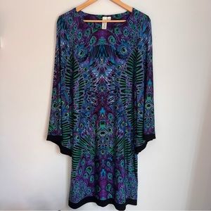 Peacock Pattern Bell Sleeve Midi Dress